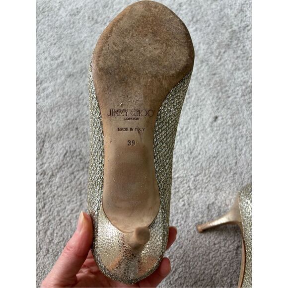 EUC Jimmy Choo Isabel Champagne Glitter Peep-Toe Pumps, Sz 39, $795 - Picture 10 of 11